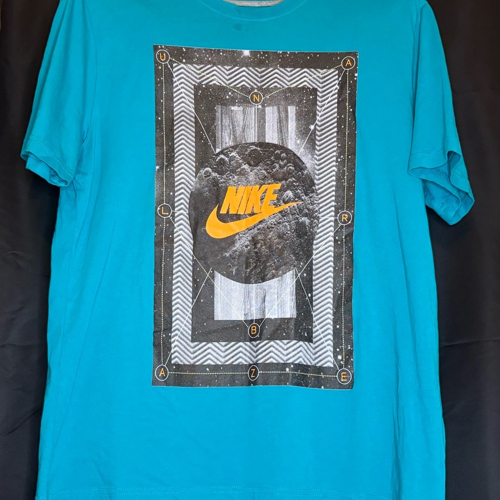 Nike Graphic T-Shirt (Teal/Orange Swoosh Cosmic Design)